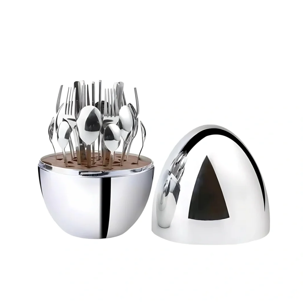 24 Pieces Stainless Steel Flatware Set with Egg-shape Tableware Storage Holder, Silver Black Cutlery Set Utensils Including Fork Spoon Knife Set onemall.lk