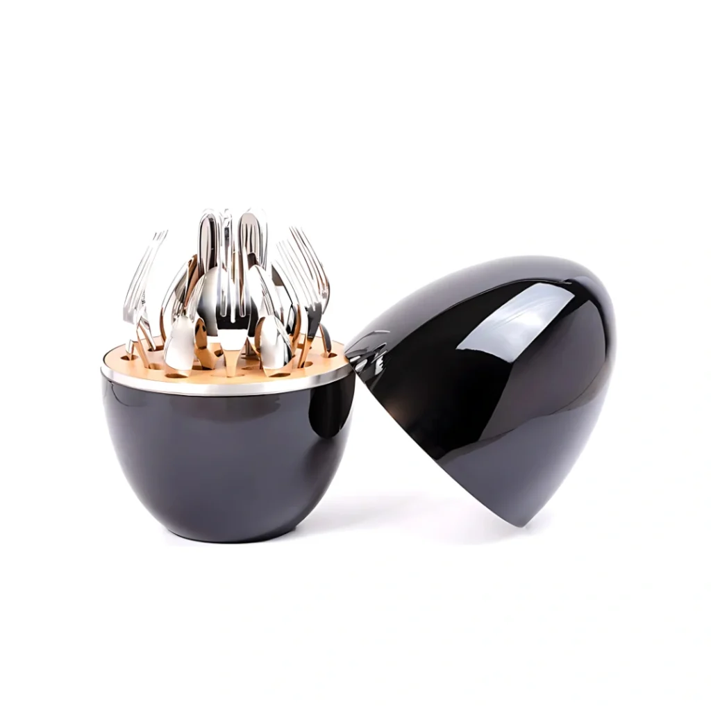 24 Pieces Stainless Steel Flatware Set with Egg-shape Tableware Storage Holder, Silver Black Cutlery Set Utensils Including Fork Spoon Knife Set onemall.lk