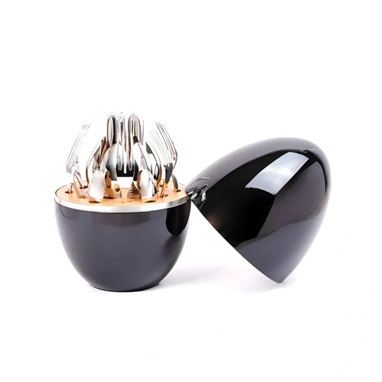 24 Pieces Stainless Steel Flatware Set with Egg-shape Tableware Storage Holder, Silver Black Cutlery Set Utensils Including Fork Spoon Knife Set onemall.lk