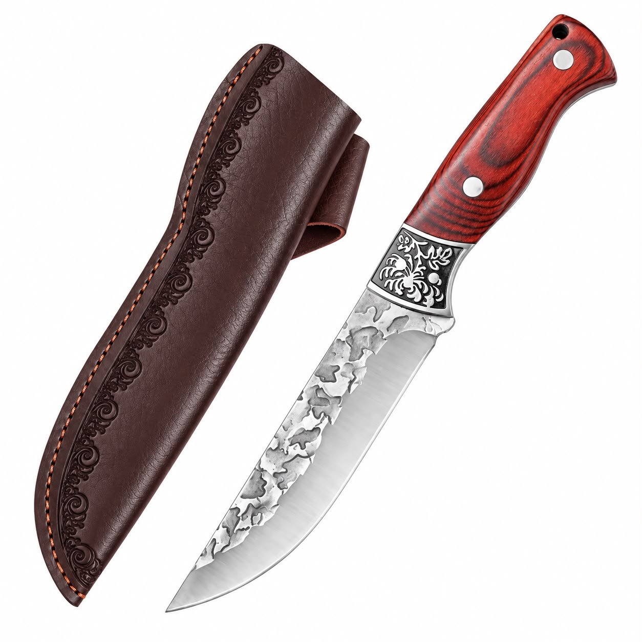 WhatsApp Image 2026-09-15 at 7.51.55 PM Hunting Knife Heavy Duty Camping Knife Fixed Blade 26cm with Leather Sheath – Red Handle - Image 1