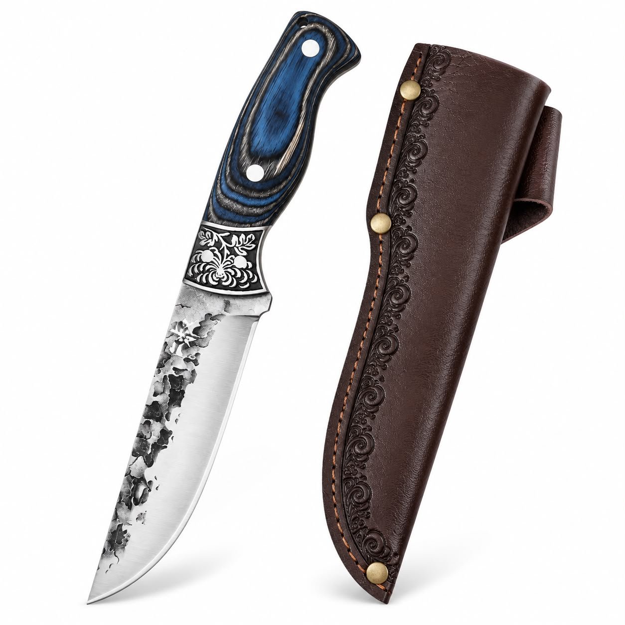 WhatsApp Image 2026-09-15 at 7.52.11 PM Hunting Knife Heavy Duty Camping Knife Fixed Blade 26cm with Leather Sheath – Blue Handle - Image 1