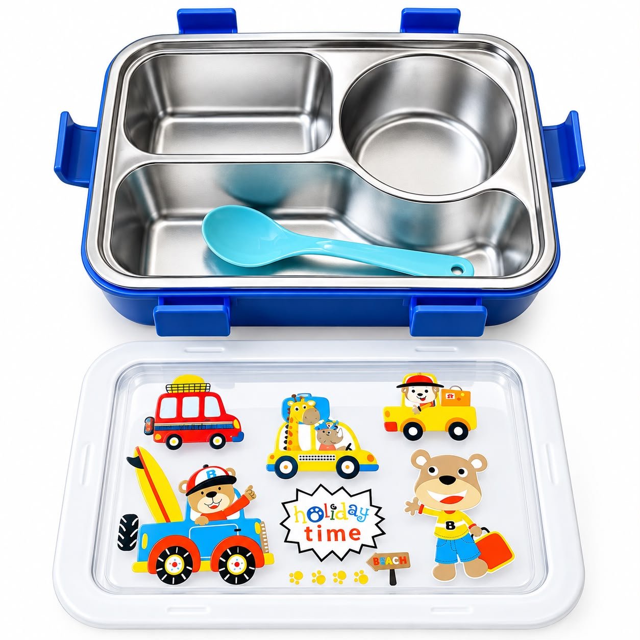 WhatsApp Image 2026-09-20 at 1.47.04 PM Kids 4-Compartment Stainless Steel Lunch Box with Spoon - Image 1